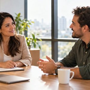 Gestora conversa de forma acolhedora com um colaborador em sala de reunião