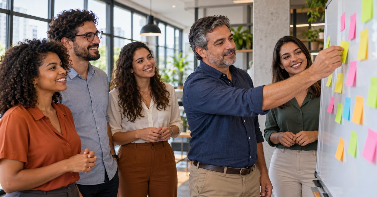 Equipe reorganiza tarefas em um quadro com post-its no escritório